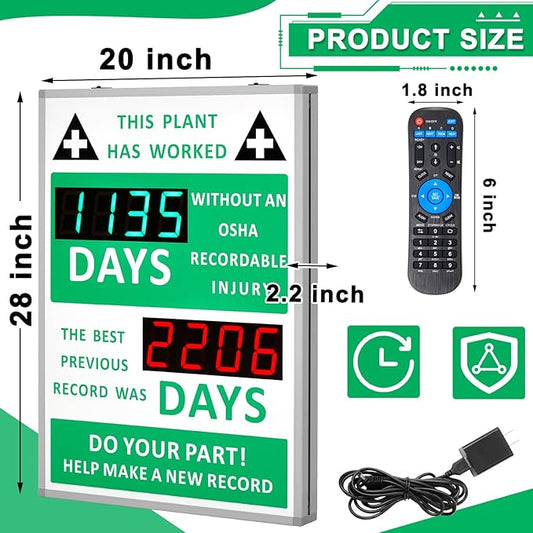 Days Safety Is The Priority Without Accident Sign Electronic Safety Scoreboard 28" x 20" with Remote Control Safe Scoreboard Sign Days Without a Lost Time Accident Are Avoidable(with Bast Record)