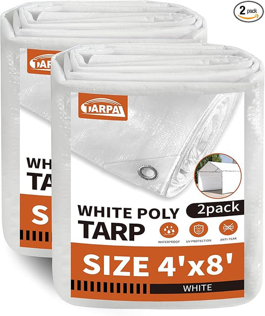 TARPAL 4'x8'（2-Pack White Tarp Waterproof 7.5 mil Medium Duty All Purpose Poly Tarps Cover Waterproof,Snow Proof UV Protection,Rip and Tear Proof,Poly Tarpaulin