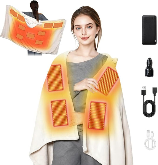 Cordless Heated Blanket with Hood, USB Battery Powered Heated Wearable Blanket with 9 Heating Zones, 20000 mAh Power Bank, 3 Levels, Portable Heated Throw Blanket, Heated Shawl