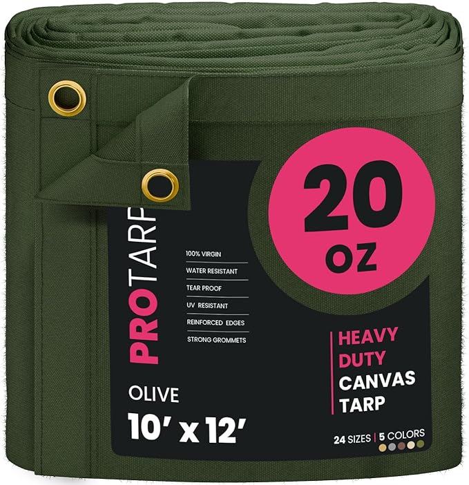PROTARP Extreme Heavy Duty 20 OZ Water Resistant Canvas Tarp, UV Resistant Tarpaulin Cover with Rustproof Brass Grommets, Multipurpose for Canopy, Roof, Camping, Woodpile (Olive 10'X12')