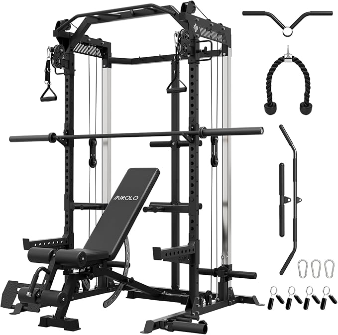 Mikolo Power Cage, 2000LB Power Rack with Independent Dual Pulley System, Multi-Function Home Gym Workout Machine for Cable Crossover