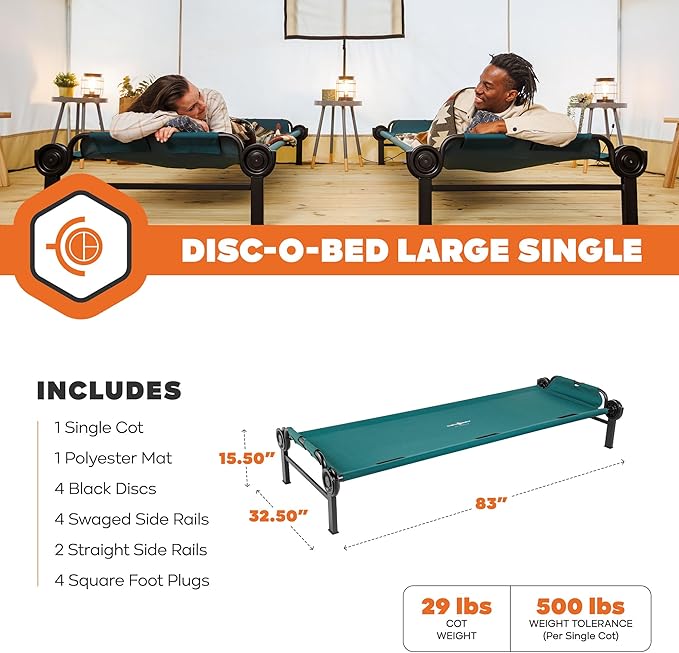 Disc-O-Bed Large Outdoor Modular 1 Person Single Camping Cot Portable Bed for Adults, Sleep Solution for Tents, Green