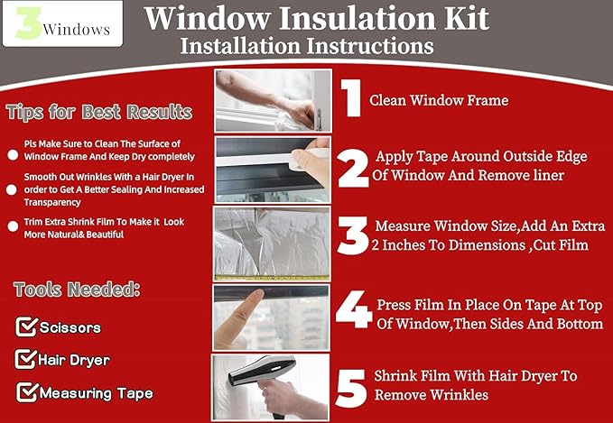 3-Window Shrink Film Window Insulation kit（62-Inch x 126-Inch），Insulating Film Window Kit Keeps Cold Air Out and Warm Air in (3 Windows)