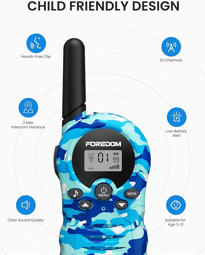 FOREDOM Walkie Talkies for Kids Walkie Talkies Long Range for Boys & Girls Age 3 to 12 Year Old Birthday Cool Army Toys - 2 Pack