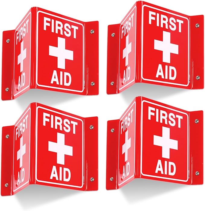 T&R First Aid Sign, First Aid with Cross Symbol - 4 Pack - 8 x 6 Inches Acrylic, 4 pre-drilled holes, Includes Matching Screws, Use for Office/Business