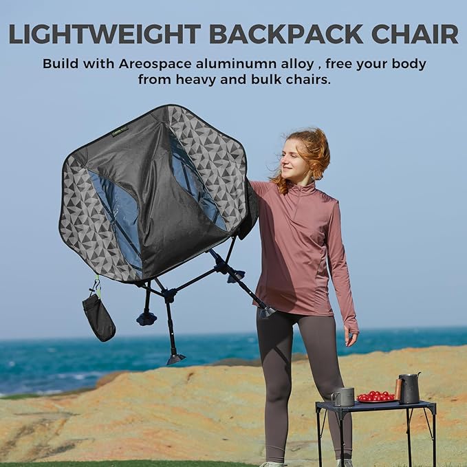 ATEPA UFO3.0 Backpacking Camping Chair, Ultralight Extra Wide Comfortable Folding Chairs Heavy Duty Portable Hexagon Ergonomic Height Adjustable Seat with Anti-Sinking Feet for Hiking Outdoor, Black