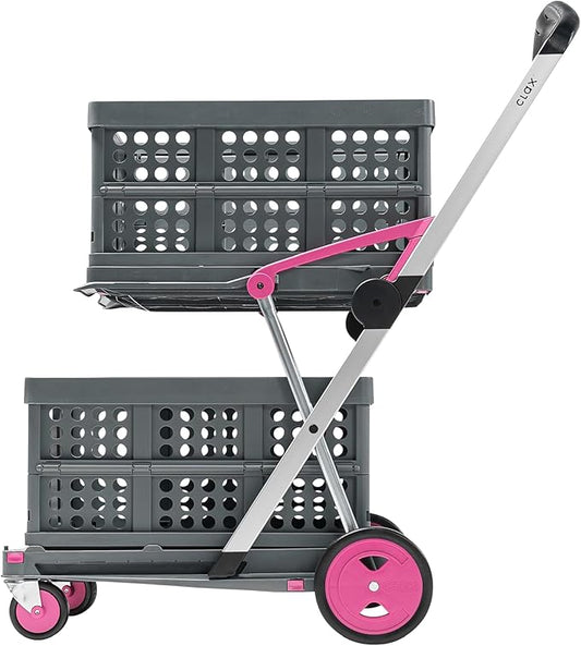 CLAX® The Original | Made in Germany | Multi Use Functional Collapsible Carts | Mobile Folding Trolley | Storage Cart Wagon | Shopping Cart with 2 Storage Crates (Pink)