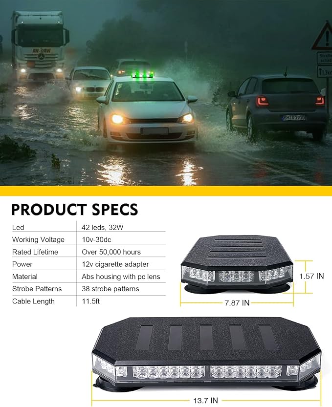LUMENIX 42 LED Roof Top Strobe Beacon Light Bar Hazard Warning Emergency Flashing Plow Lights with Controller for Construction Vehicles Tow Trucks Snowplow Postal Cars White Green (Patent Design)