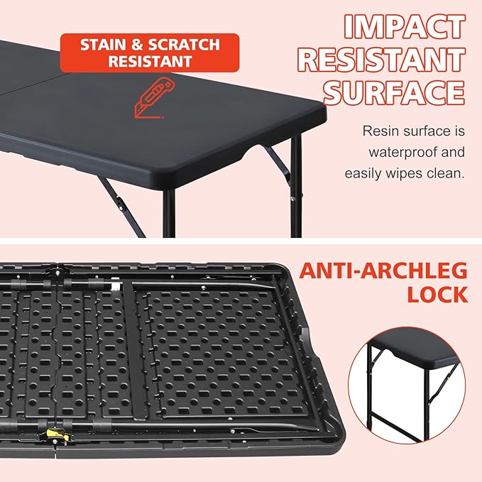 Portable 4Ft Adjustable Height Plastic Folding Table, Heavy Duty Fold-in-Half Table with Carrying Handle, Small Utility Foldable Table for Picnic Party Camping BBQ, Indoor/Outdoor(Black)