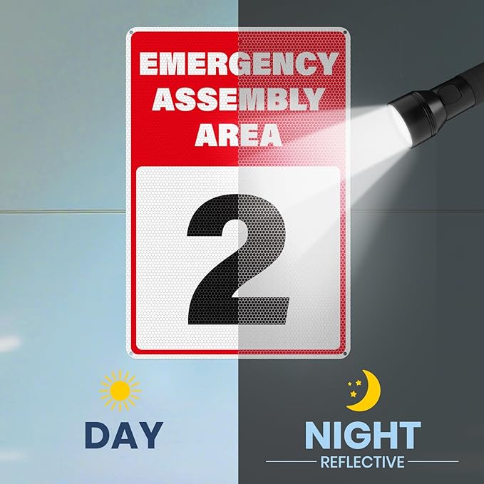 2 Pack Emergency Assembly Area 2 Sign 18 × 12 Inches Aluminum Metal Reflective Safety Signage with Pre-Drilled Holes for Business Construction Site Warehouse