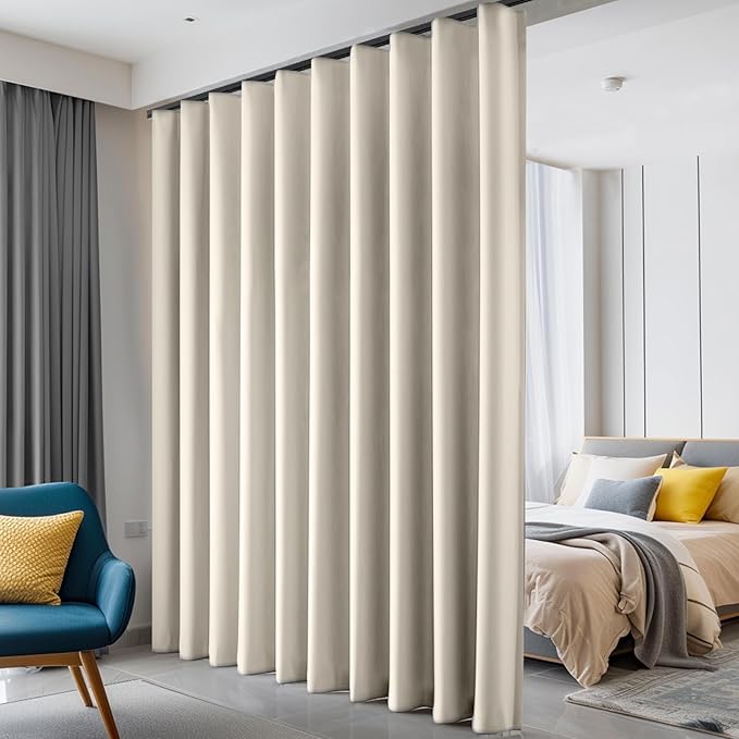 Room Divider Curtains Blackout Ceiling Track Curtain with Hook Wall Mount Sliding Door Curtains Ceiling Mount Extra Wide Curtain Wall Divider for Room Separation (Beige, W120 x H108 Inch)