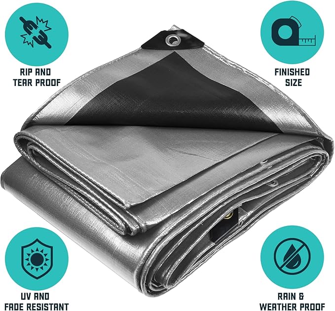 Core Tarps Extra Heavy Duty 16 Mil Tarp Cover, Waterproof, UV Resistant, Rip and Tear Proof, Poly Tarpaulin with Reinforced Edges for Roof, Camping, Patio, Pool, Boat (Silver/Black 50′ X 100′)