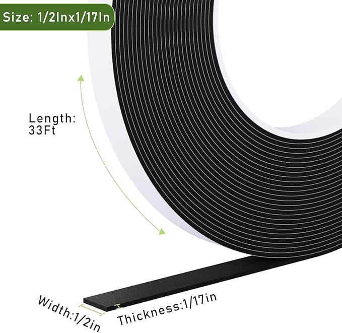 Weather Stripping Door Seal Black,Self Adhesive Foam Tape High Density Foam Sealing Strip,Air Conditioner Window Seal,Soundproof Tape Roll(1/2" W X 1/17" T X 33' L)