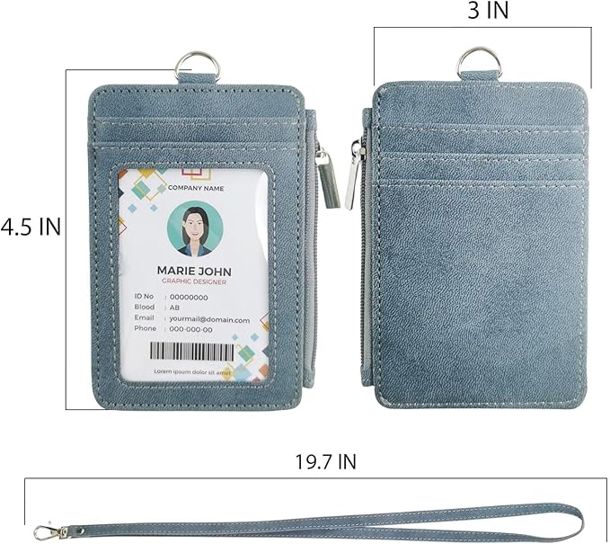 Blue Lanyard Wallet for ID Badges with Long Neck Lanyards and Wristlet Strap, Vertical PU Leather Badge Holder Case with Zipper Pocket for Offices ID, School ID, Driver Licence