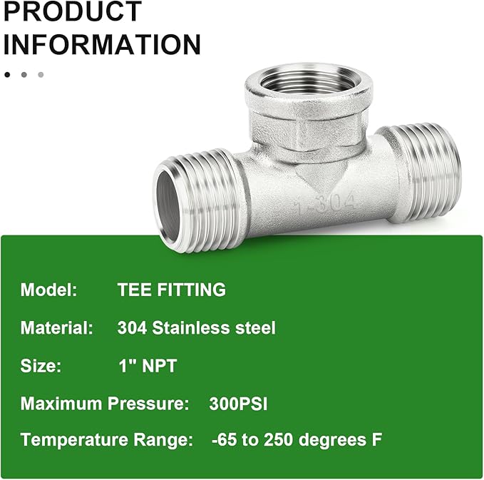 TAISHER 5PCS 304 Stainless Steel Tee Pipe Fittings, 1" NPT Male x 1" NPT Female x 1" NPT Male Pipe Fittings, Female Branch Tee