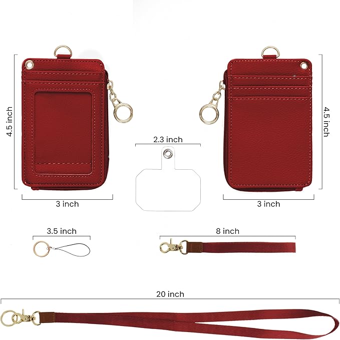 2-in-1 ID Badge Holder & Lanyard Wallet - Multi-Use Womens Small Wallet with Removable Wristlet & Neck Lanyard, Clear Window, 5 Card Slots, Phone Holder, Ring Keychain - Bordeaux Red