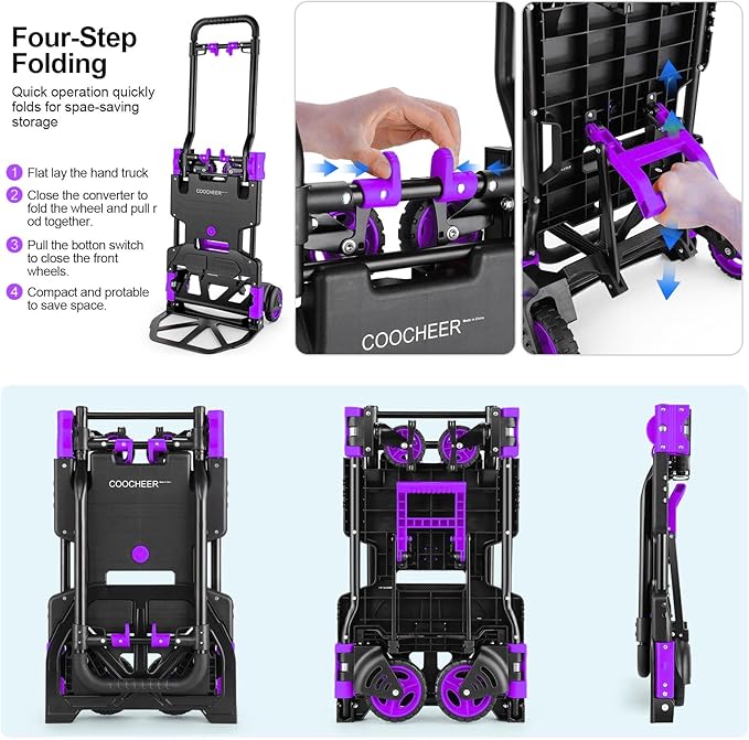 2-in-1 Folding Hand Truck Dolly 330LB Load Carrying, Hand Truck Foldable Dolly with Retractable Handle and 4 Rubber Wheels, Portable Folding Hand Cart for Moving/Travel/Office (Purple)