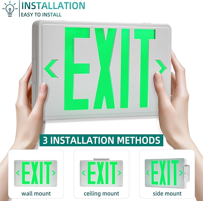 Green Exit Sign, LED Emergency Exit Sign with Battery Backup, Commercial Emergency Exit Light Combo for Business, 2 Adjustable Heads,120V/277V AC, UL-Listed, 2 Pack