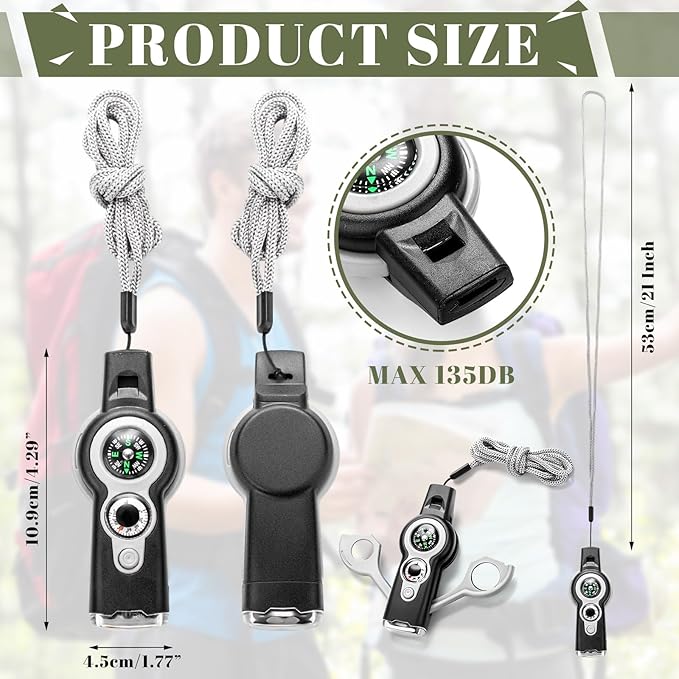 12 Pack Emergency Survival Whistle 7-in-1 Compass Hiking Survival Safety Whistle with Lanyard Outdoor Multifunctional Tool Ideal for Hiking Camping Rescue Signaling