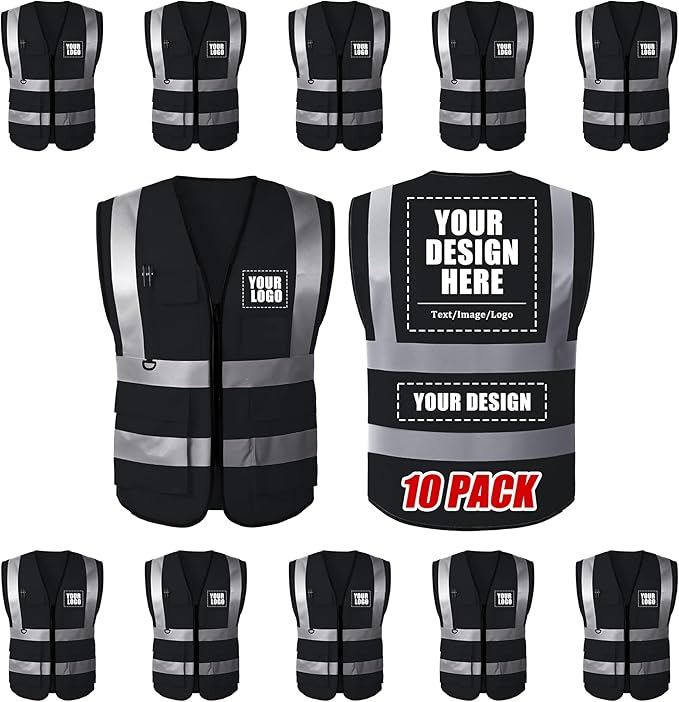 Custom Safety Vest with Logo, High Visibility Reflective Personalized Vest with Pockets for Men Women Construction