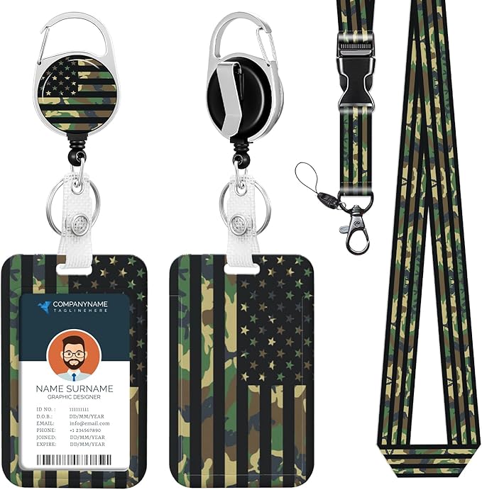 Badge Holder Army Lanyard American Flag USA Camo lanyard for Keys Patriotic Retractable Badge Reel Clip Lanyard Name Card Vertical ID Protector ID Card Holder Keychain Name Badge Clip for Women Men