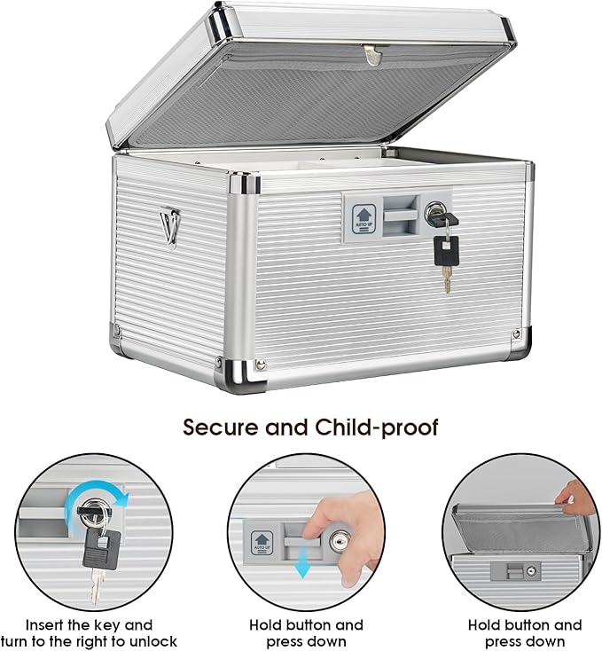 Medicine Lock Box with Key, Alluminum Alloy Box for Medication,First Aid Box with a Removeable Tray to Store Medicines & Pills for Home,Silver 10 * 6.89 * 6.89 Inch