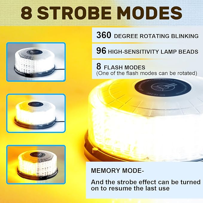 1PCS LED Strobe Beacon Light, Magnetic Beacon Flashing Safety Warning Emergency Light for Vehicles, Trucks, Forklift, Tractors, Golf Carts, Car, Tow, Cigarette Lighter Plug (Amber&White)
