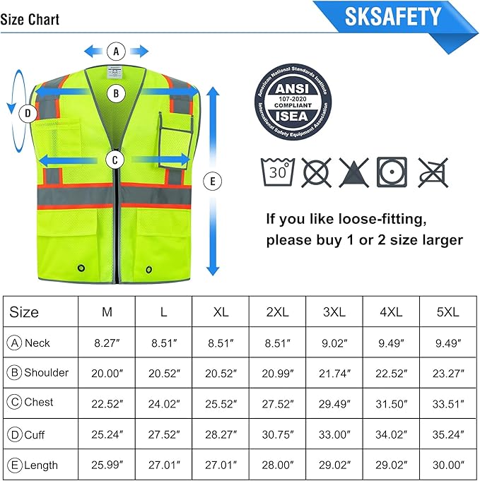 SKSAFETY 10 Pockets Safety Vest, Class 2 High Visibility Security with Zipper Double-sided mesh, Hi Vis Vest with Reflective Strips, ANSI/ISEA Standard, Construction Work Vest （Lime, 5XL）