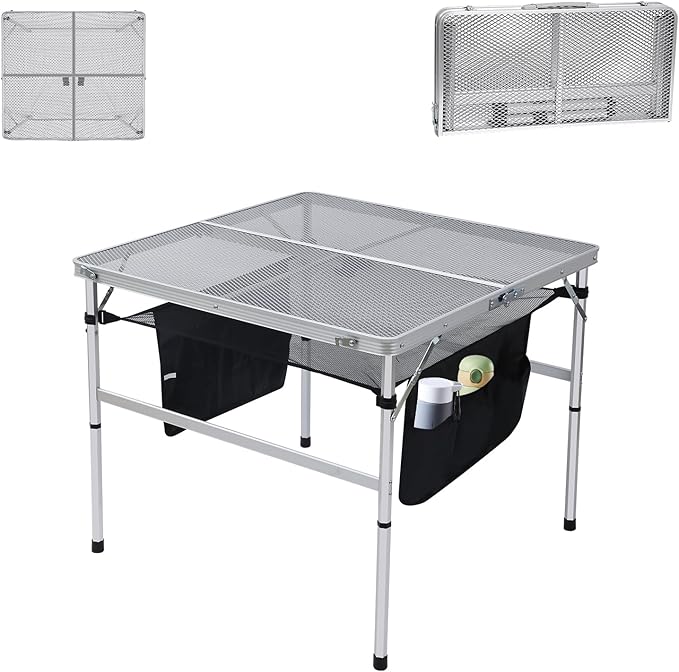 C Square Folding Height Adjustable Aluminum Table - 23.6"x23.6" White, Mesh Bag, Carry Handle, Ideal for Grill, Camping, Outdoor, Card Games
