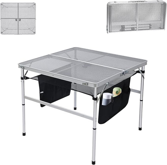 C Square Folding Height Adjustable Aluminum Table - 23.6"x23.6" White, Mesh Bag, Carry Handle, Ideal for Grill, Camping, Outdoor, Card Games