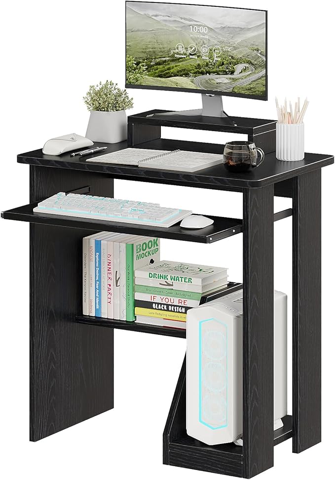ALISENED 30" Small Computer Desk with Keyboard Tray Monitor Stand, Study Writing Desk with Storage Shelves, Modern Workstation for Small Spaces, Save Space, Black A