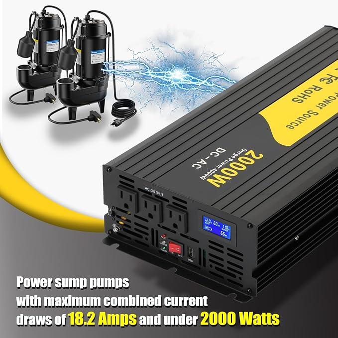 2000W Primary Sump Pump Backup System, Basment Protection Backup Inverter, Black, LCD Display, Auto Switches for Continuous Sump Pump Operation, Basement Emergency and Power Outage Backup