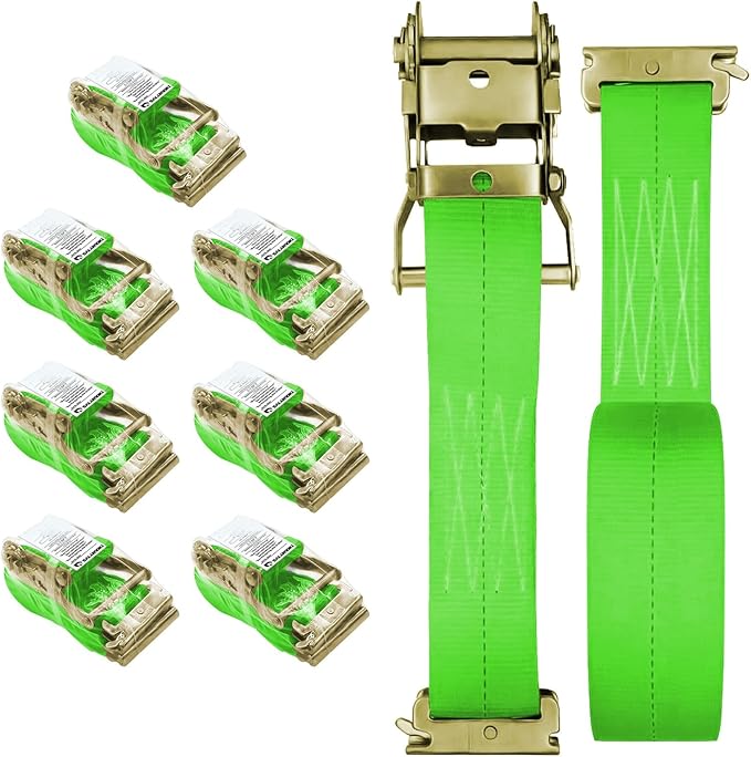 8Pack E-Track Straps Ratchet Etrack Strap Box Truck Strap Tie Down Heavy Duty 2" x15' 4400lbs Breaking Load, 2200 Working Load E-Track Accessories Green