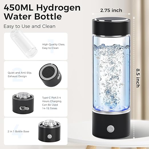 2025 New Hydrogen Water Bottle, 15OZ Hydrogen Water Generator Bottles 3000PPB in 3 Min with SPE & PEM Technology Portable Rechargeable Hydrogen Rich Glass Health Care Gifts for Family, Friends, Travel