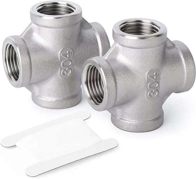 TAISHER 2PCS Stainless Steel 4 Way Pipe Fittings, 3/8" x 3/8" x 3/8" x 3/8" NPT Female Pipe Fittings