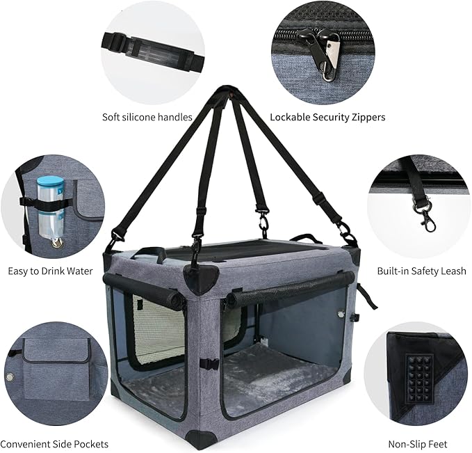 NEZUC Soft Collapsible Dog Crate - 30 Inch Portable Soft Sided Travel Dog Crates for Medium Dogs, 4-Door Foldable Dog Carrier, Pet Kennel Indoor & Outdoor (Gray, 30.0" L x 20" W x 20.0" H)