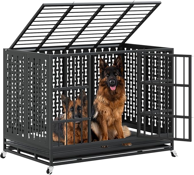 LEMBERI 48/42 inch Indestructible Heavy Duty Dog Crate with Cushion, High Anxiety Extra Large Dog Cage for Large Dogs, XL Steel Escape Proof Dog Kennel with Locking Wheels