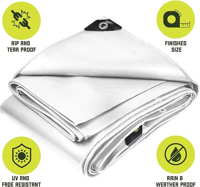 Core Tarps Heavy Duty 8 Mil Tarp Cover, Waterproof, UV Resistant, Rip and Tear Proof, Poly Tarpaulin with Reinforced Edges for Roof, Camping, Patio, Pool, Boat. (White 40′ X 50′)