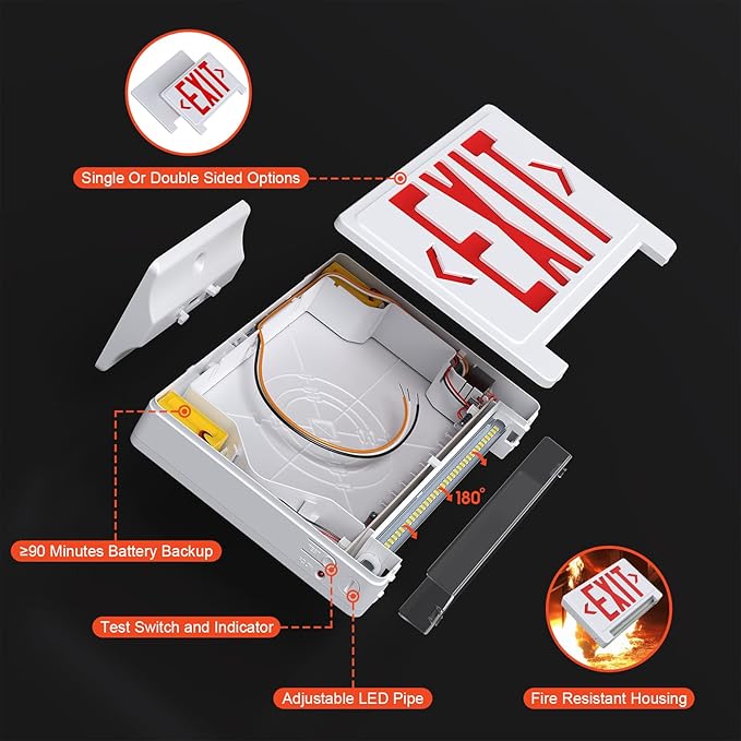 Exit Sign with Adjustable LED Pipe,Exit Signs with Emergency Lights Bar Combo, Compact Hardwired Exit Sign with Battery Backup,Red Led Emergency Exit Light for Business ,120V/277VAC,UL Listed,Top/Side/Wall Mount (1 Pack)