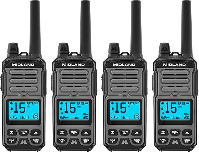 Midland GXT67 PRO 5W GMRS Radio - Two-Way Midland Walkie Talkie - Repeater Capable, IP67 Waterproof, Active Noise Canceling, Hands-Free Operation, 99 Channels, 16-Hour Battery - 4 Pack
