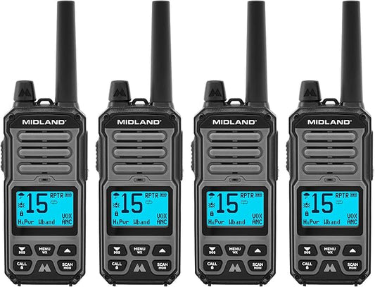 Midland GXT67 PRO 5W GMRS Radio - Two-Way Midland Walkie Talkie - Repeater Capable, IP67 Waterproof, Active Noise Canceling, Hands-Free Operation, 99 Channels, 16-Hour Battery - 4 Pack