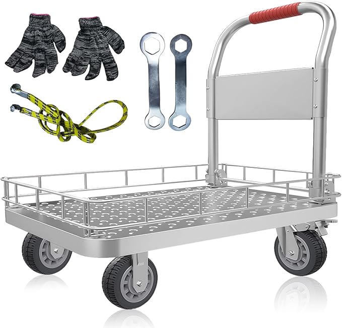 Heavy Duty Platform Truck with 6-Inch Brake Silent Wheels, Foldable Push Cart with Detachable Steel Wire Fence, Flat Hand Trucks for Gardens, Warehouses, Workshops (43.3 * 25.6 * 42.2in)