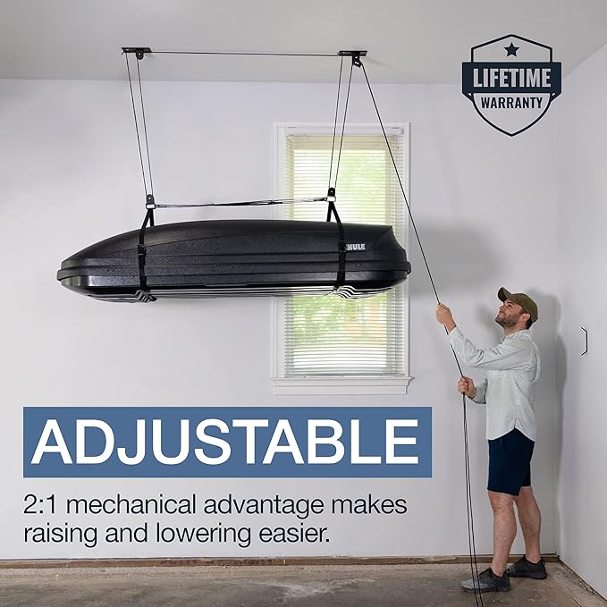 StoreYourBoard Cargo Box Pulley System – Heavy-Duty Garage Hoist Lift for Rooftop Carriers – Garage Storage & Garage Organization Ceiling Hoist with Pulley – Holds 150 lbs - Fits 10-14 ft Ceilings