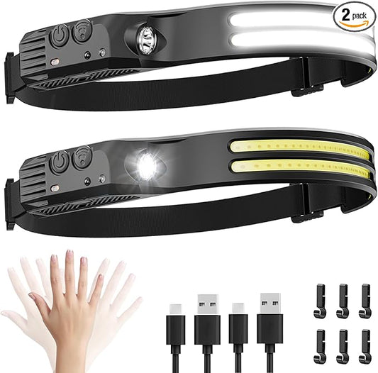 2PCS LED Headlamp Rechargeable - 230° COB Super Bright Head Lights for Forehead, Hard hat Light for Adults, USB C Headband Flashlight for Work, Hiking, Running, Camping Essentials Gear