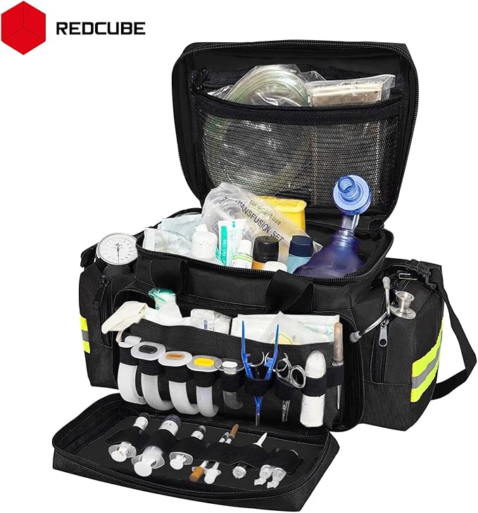 REDCUBE Emergency Bag,First Aid Bags Empty,Professional Emergency Responder Trauma Bag Medical Bag with Multiple Compartment Kit Carrier for EMT, EMS, Paramedics(Black)(Bag only)