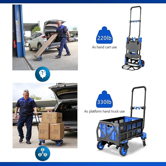 2 in 1 Hand Truck Dolly Foldable, 330LB Folding Hand Truck Heavy Duty Carrying, Folding Hand Cart with Retractable Handle Dolly Cart for Moving