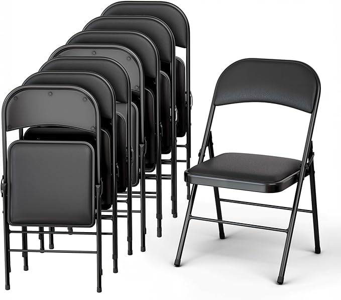 8 Pack Leather Chair | Foldable & Stackable | 350 lbs Capacity Steel Frame Seats for Indoor or Outdoor | Commercial Use Events Wedding Party Events Bulk Picnic Kitchen Dining - Black