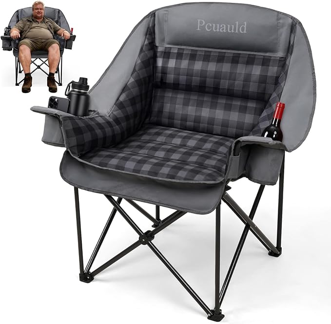Oversized XL Camping Chair for Adults, Heavy Duty Padded Folding Camp Chairs with Cup Holder, Supports 500lbs, Large Outdoor Widen Comfy Lawn Chairs for Tailgating Sports Beach Yard