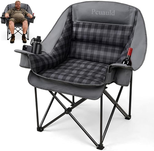 Oversized XL Camping Chair for Adults, Heavy Duty Padded Folding Camp Chairs with Cup Holder, Supports 500lbs, Large Outdoor Widen Comfy Lawn Chairs for Tailgating Sports Beach Yard