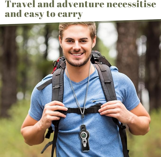12 Pack Emergency Survival Whistle 7-in-1 Compass Hiking Survival Safety Whistle with Lanyard Outdoor Multifunctional Tool Ideal for Hiking Camping Rescue Signaling